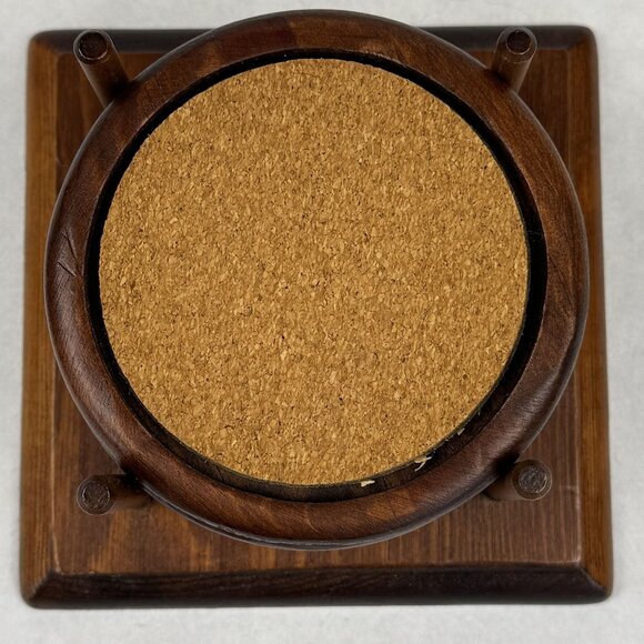 Vintage Wooden Coaster Set Four-Post Holder 4 Wood Coasters with Cork Inserts - Picture 10 of 14